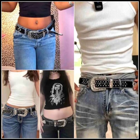 Rhinestone Studded Leather Belt Western Gothic Punk Rock Y2K Accessory